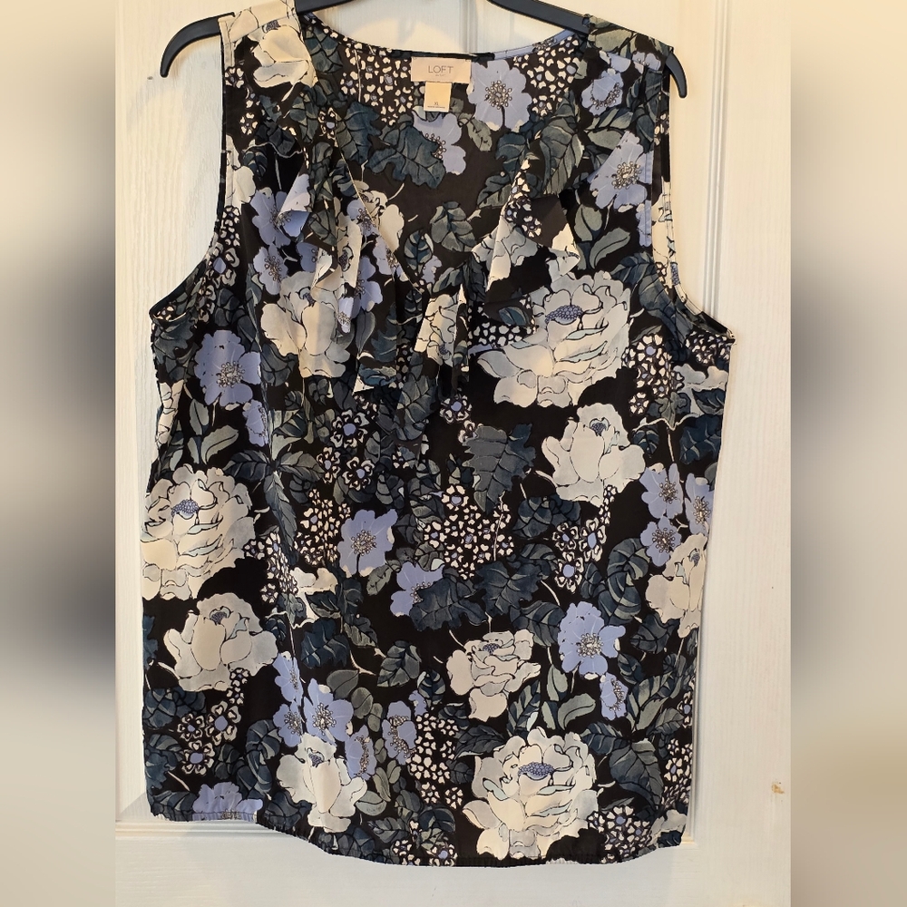LOFT Black Floral Sleeveless Ruffled V-Neck Blouse